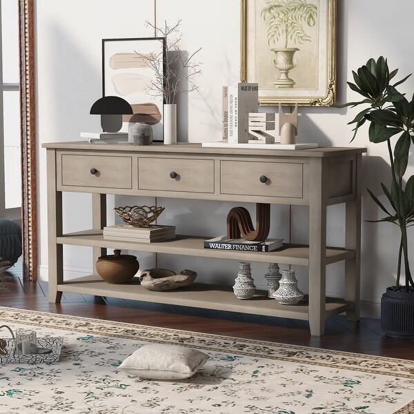 Retro Design Console Table with Two Open Shelves ， Solid Pine Frame and Legs