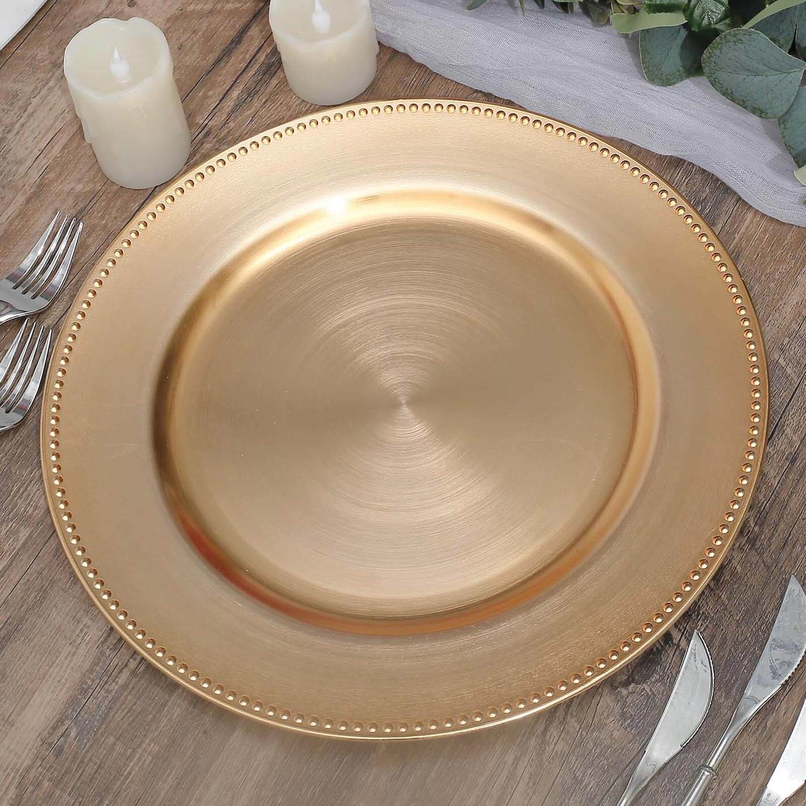 6 Pack Beaded Metallic Gold Acrylic Charger Plate, Plastic Round Dinner Charger Event Tabletop Decor 13