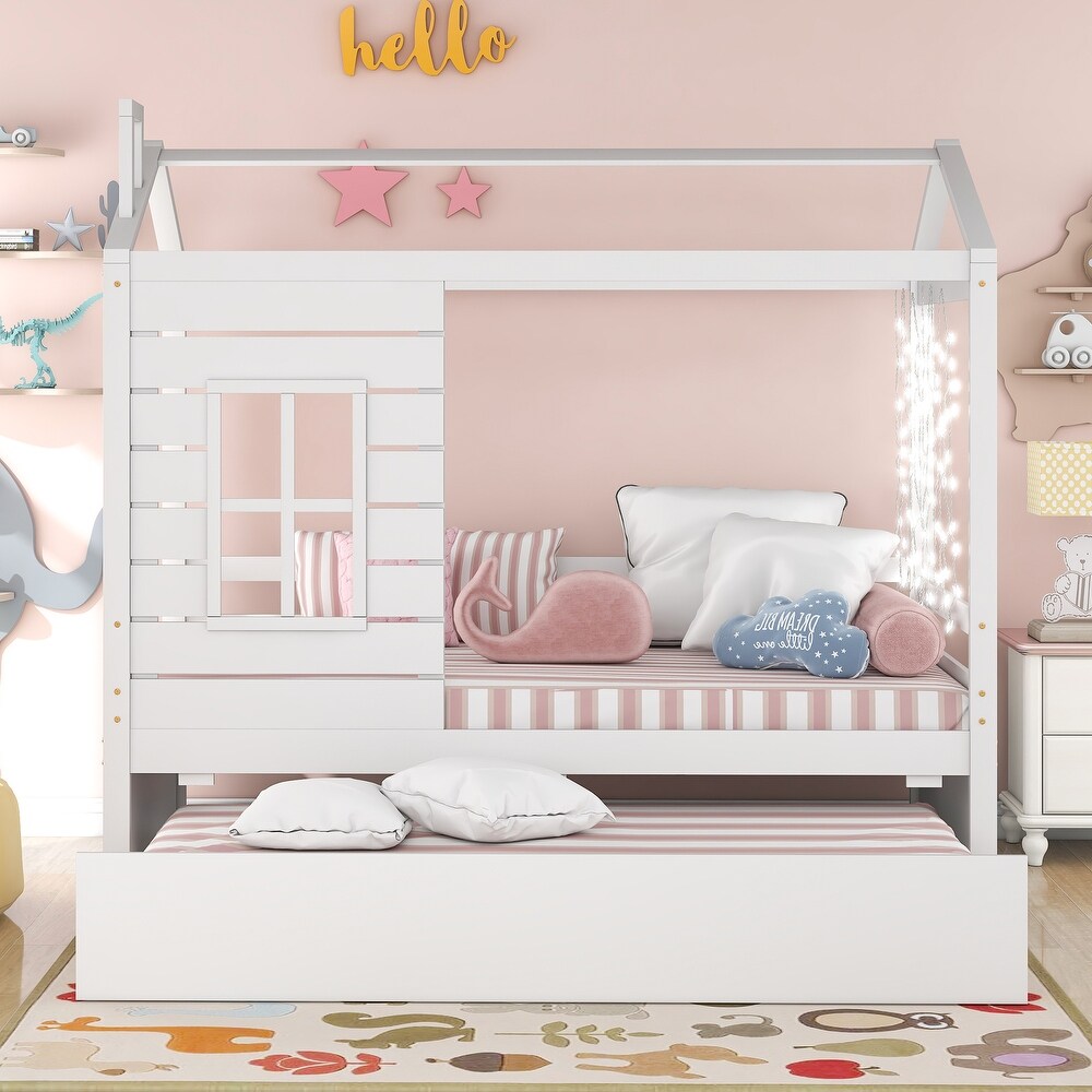 Solid Wood Twin House Bed with Trundle for Kids  White