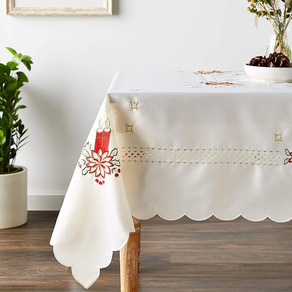 Violet Linen Seasonal Candles Vintage Holiday Embroidered Pattern Tablecloth