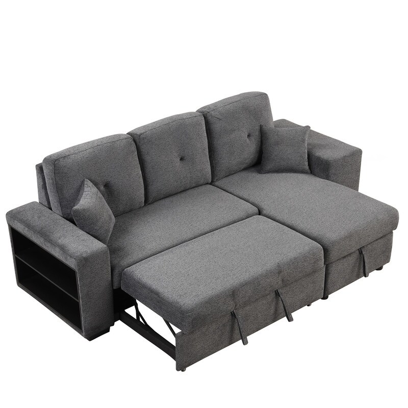 Reversible Sleeper Sectional Sofa Couch with Side Shelf and 2 Stools  Pull Out L Shaped Sofa Bed  Corner Sofa Bed with Storage