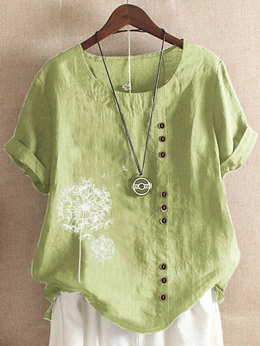 Round Neck Casual Loose Dandelion Print Short Sleeve Blouse