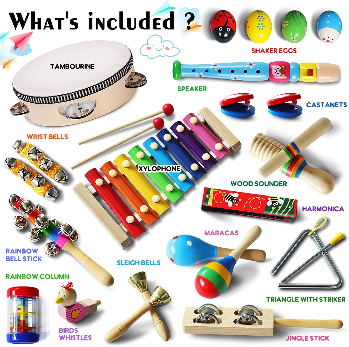 LOOIKOOS Toddler Musical Instruments，Wooden Percussion Instruments for Kids Baby Preschool Educational Musical Toys Set for Boys and Girls