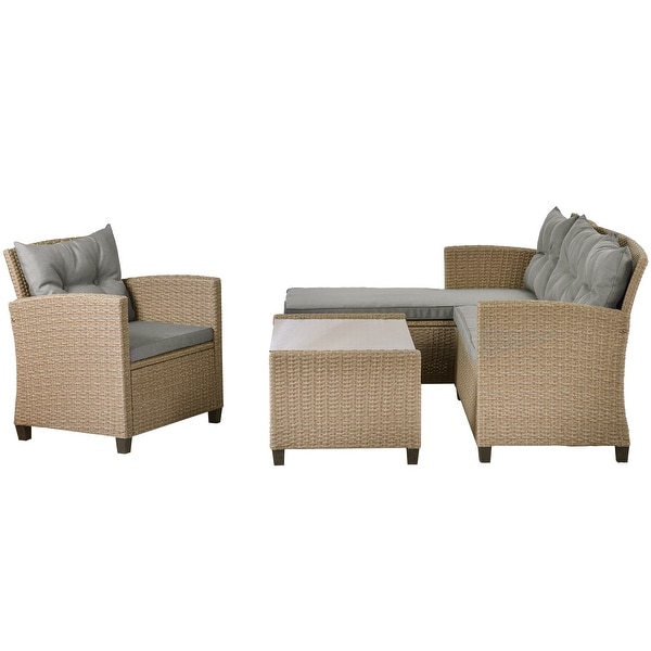 Living room，Outdoor，Patio Furniture Sets，4 Piece Conversation Set Wicker Ratten Sectional Sofa with Seat Cushions