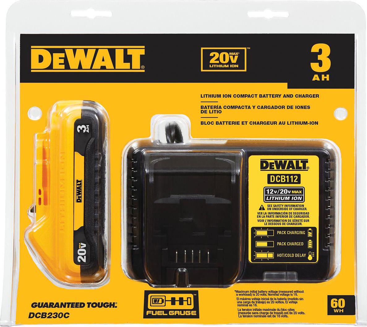 Dewalt 20V MAX Lithium-Ion 3.0 Ah Battery and Charger Kit， 3-LED Fuel Gauge System