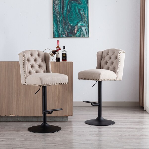 Swivel Bar Stools Chair Set of 2 Adjustable Counter Height Linen Upholstered Stool with Tufted Wing Back in Cream