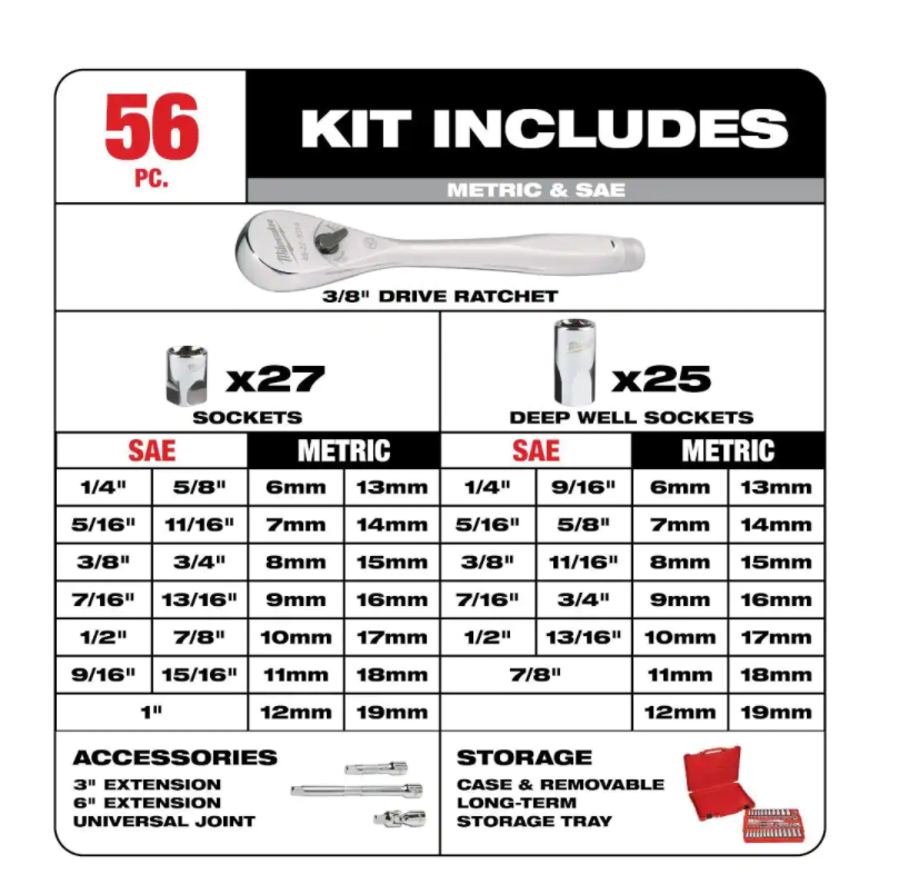 Milwaukee 48-22-9008 3/8 in. Drive SAE/Metric Ratchet and Socket Mechanics Tool Set (56-Piece)