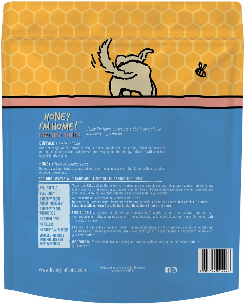 Honey I'm Home! Trachea Tubes Natural Honey Coated Buffalo Chews Grain-Free Dog Treats