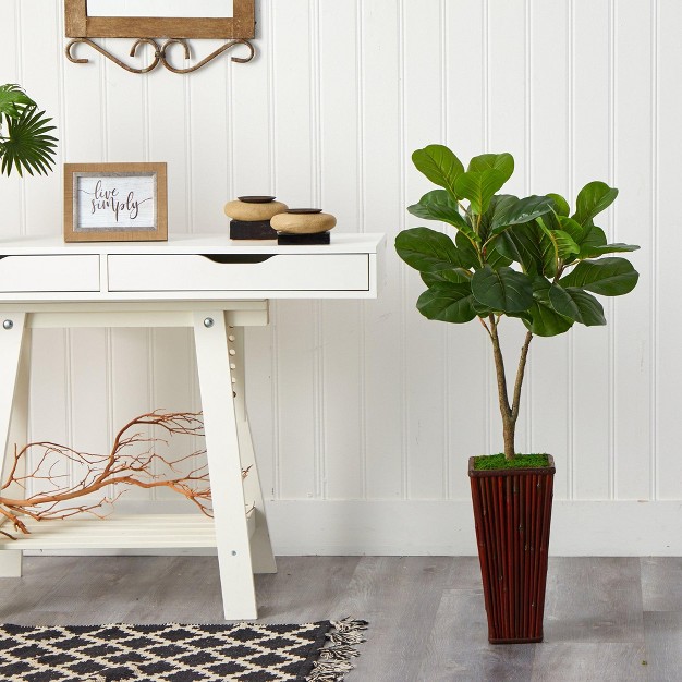 Nearly Natural 39 in Fiddle Leaf Fig Artificial Tree In Bamboo Planter