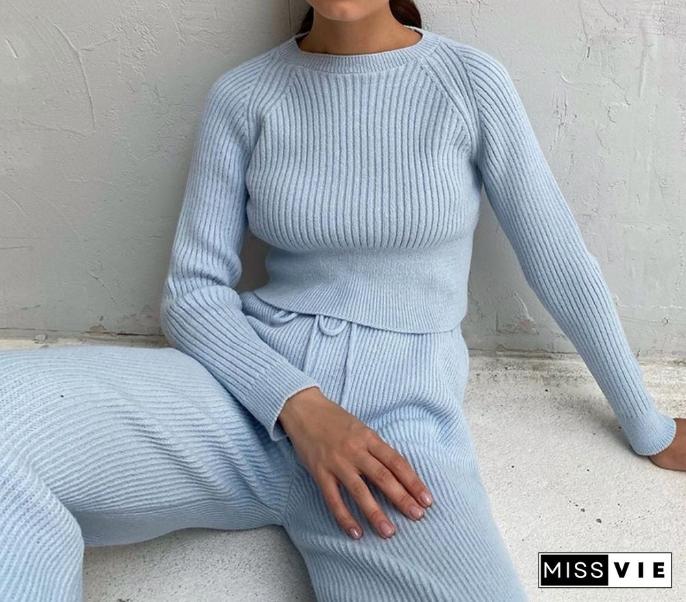 Knit Pullover Sweater Suit 2 Pieces Set Solid Women Tracksuit O Neck Sweater Long Pant New Fashion Chic Casual Knitted Outwear