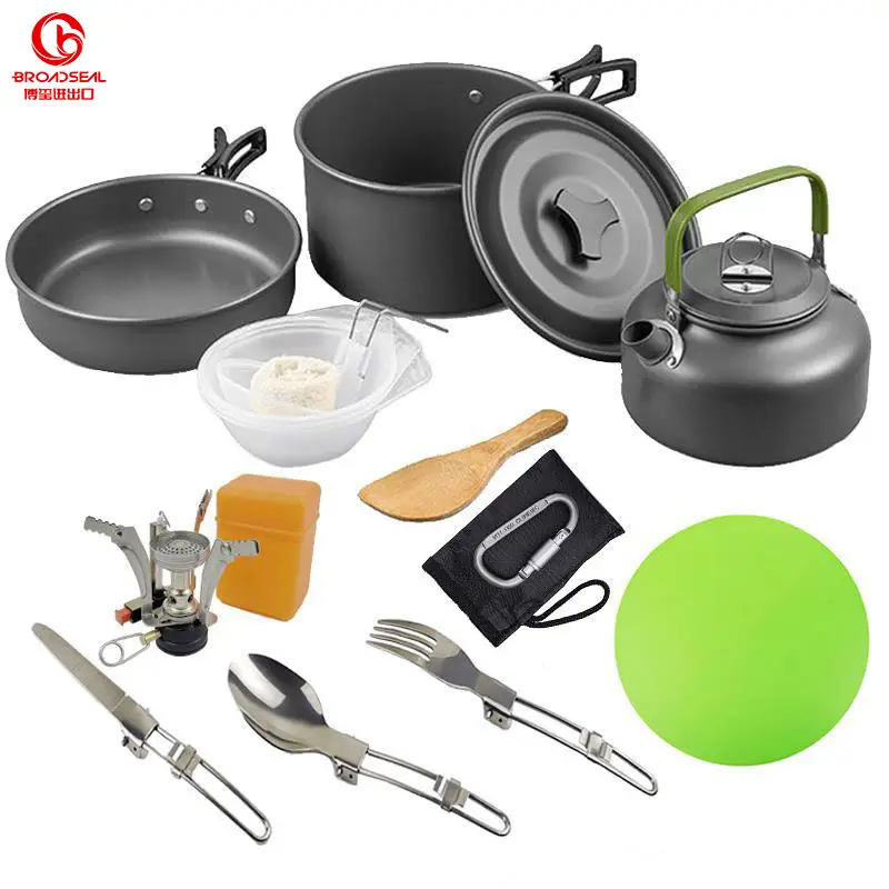 2 3 People Camp Cookware Set Teapot Picnic 14pcs Backpacking Gear Camping Cooking Set Flying Pan Pot Outdoor Accessories