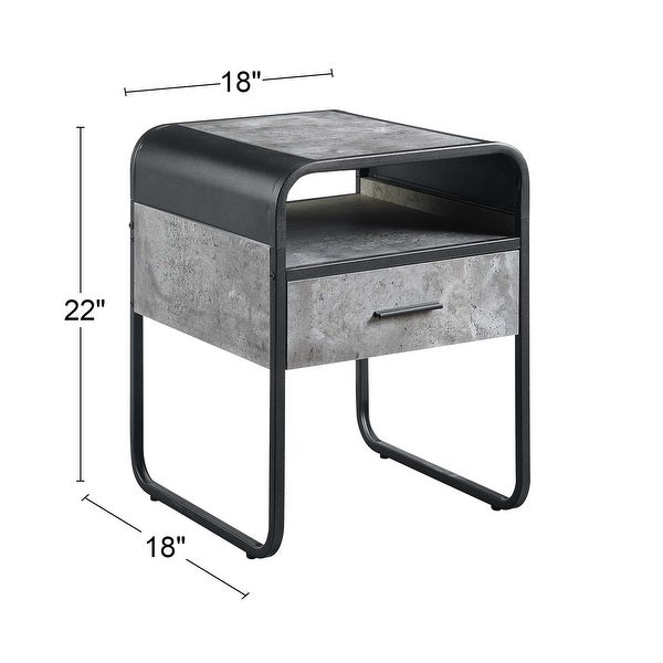 1 Open Shelf and 1 Drawer Square End Table with Metal Frame in Concrete Gray and Black