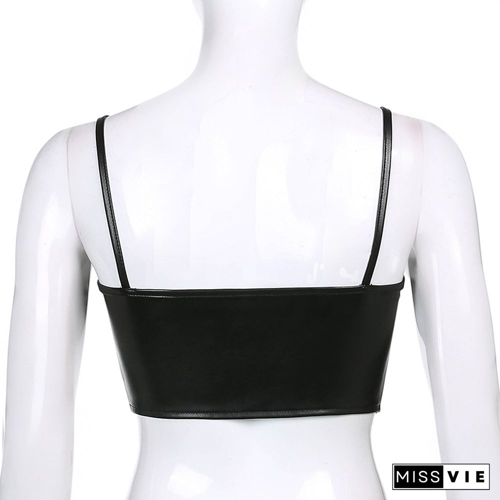 Womens Corset Sexy Black Pu Leather Bustier Crop Top Fashion Lady Sleeveless Strap Camis Clubwear Summer Low Cut Slim Camis