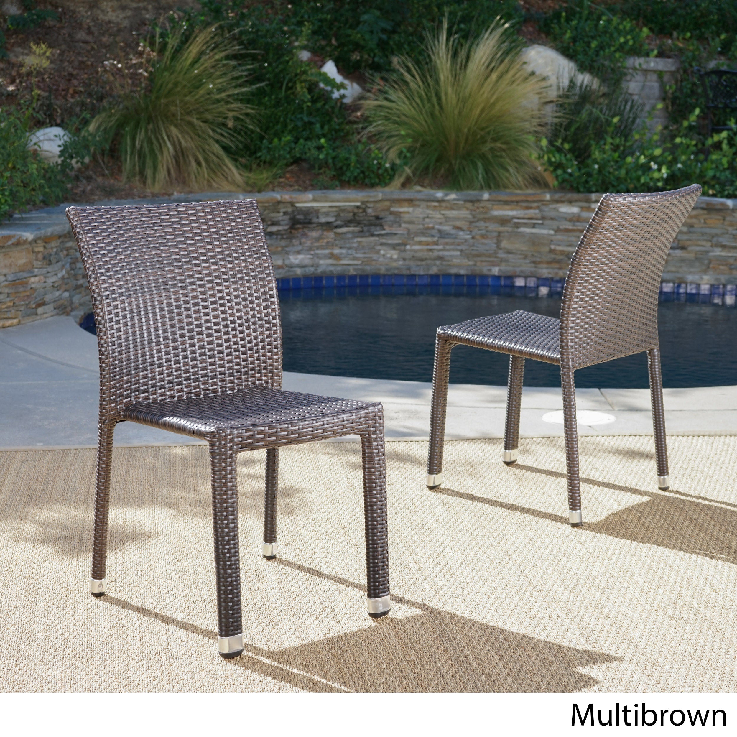 GDF Studio Haddan Outdoor Wicker Armless Stacking Dining Chairs, Set of 4, Multibrown