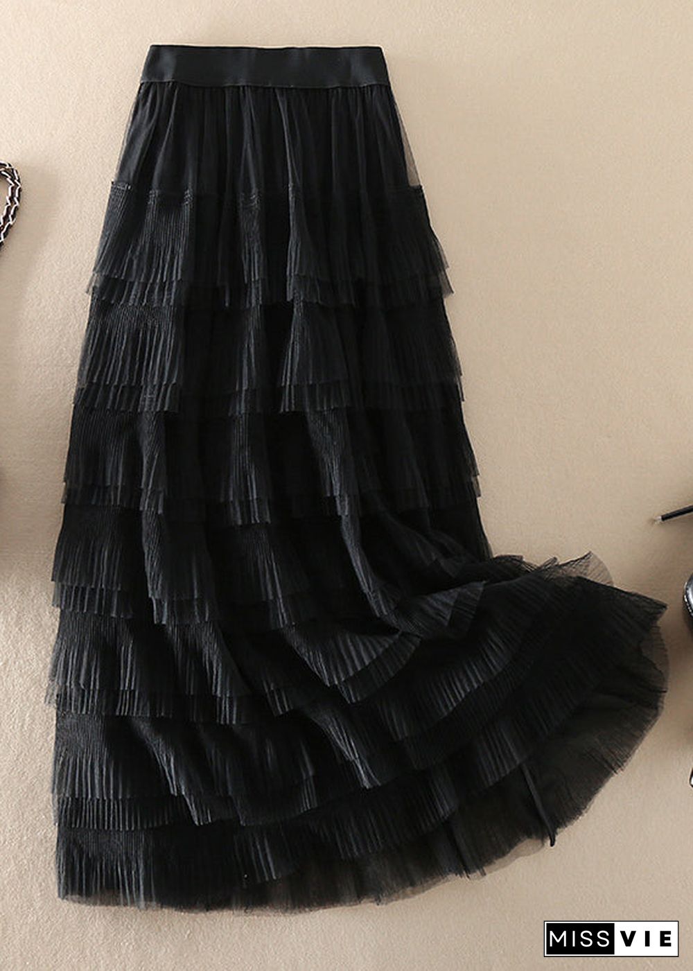 Organic Black elastic waist wrinkled Tulle Skirts Spring