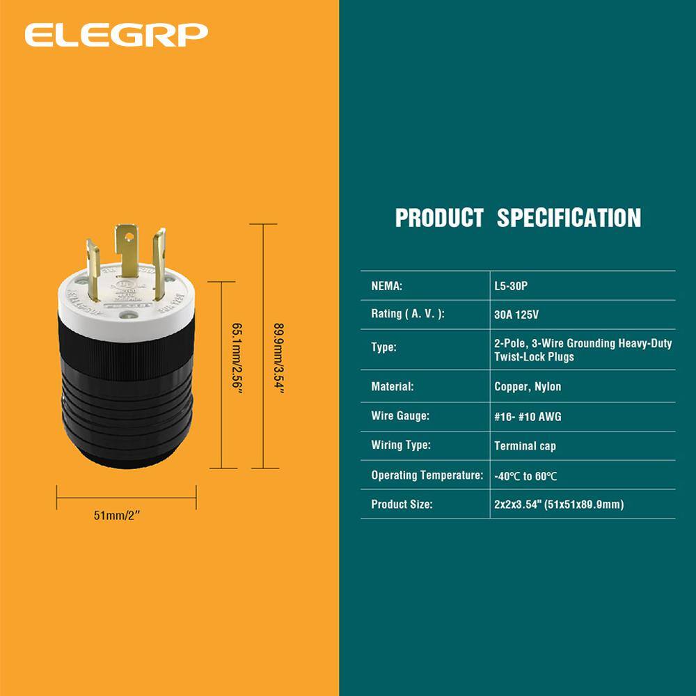 ELEGRP 30 Amp 125-Volt NEMA L5-30P Locking Plug Industrial Grade Grounding Heavy-Duty BlackWhite L0530P