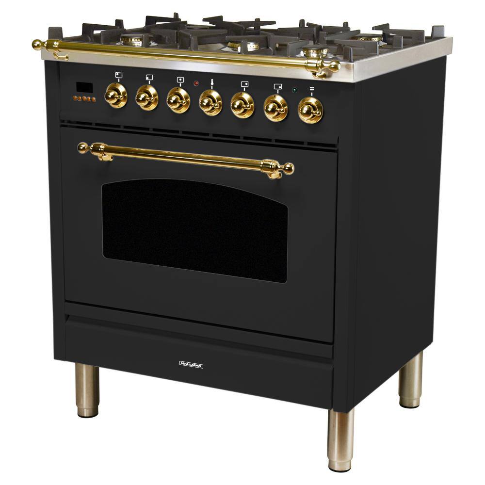 Hallman 30 in. 3.0 cu. ft. Single Oven Dual Fuel Italian Range True Convection 5 Burners LP Gas Brass Trim in Matte Graphite HDFR30BSMGLP