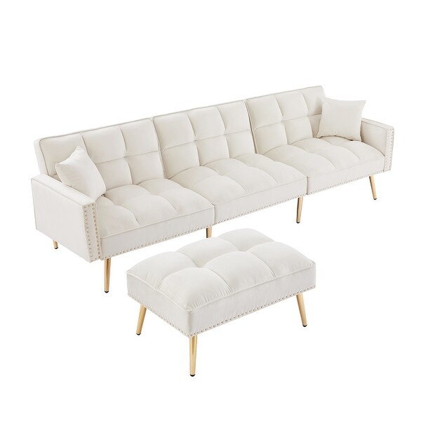 White Velvet Upholstered Reversible Sectional Sofa Bed ， L-Shaped Couch with Movable Ottoman