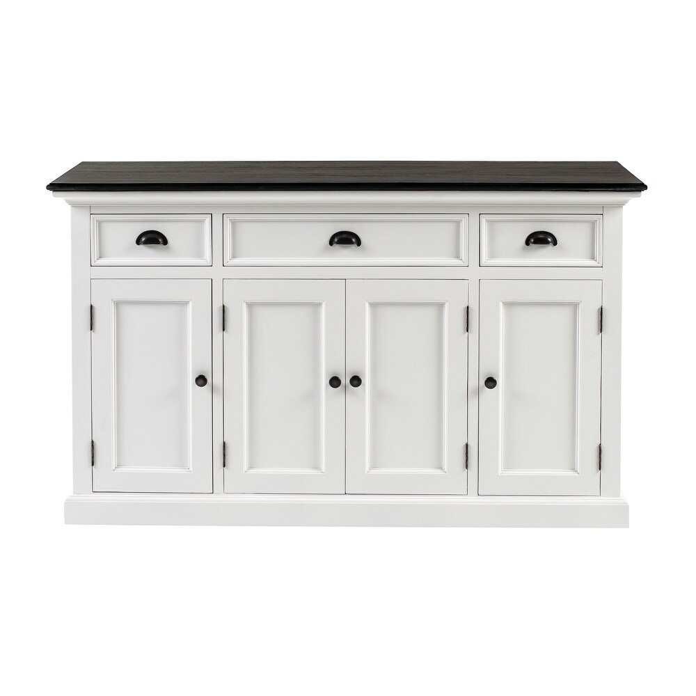 NovaSolo Halifax Contrast Farmhouse White   Black Buffet with 4 Doors 3 Drawers  Solid Mahogany Frame  57.09 x 19.69 x 33.46