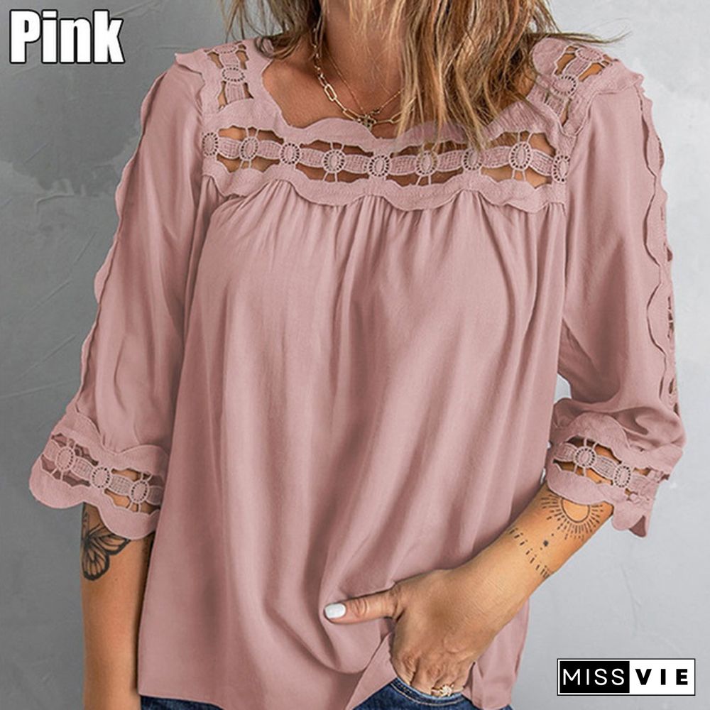 Spring and Summer Women's Stitching Lace Loose Top Casual Mid-sleeve T-shirt