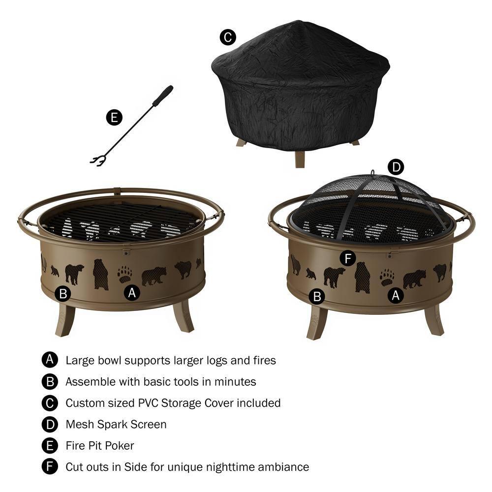 Pure Garden 32 in W x 25 in H Round Steel Wood Burning Outdoor Deep Fire Pit in Antique Gold with Bear Cutouts