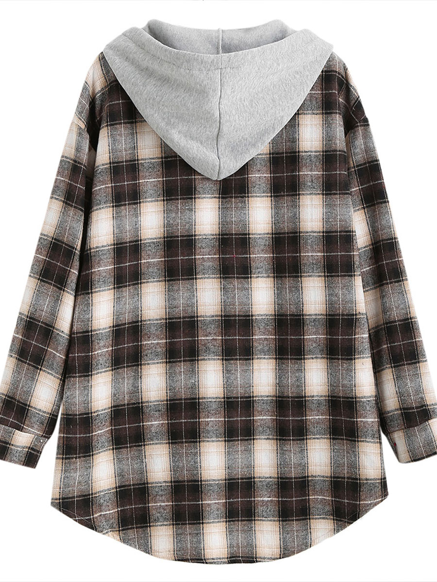 Casual Loose Check Panel Lambsool Hooded Blouse