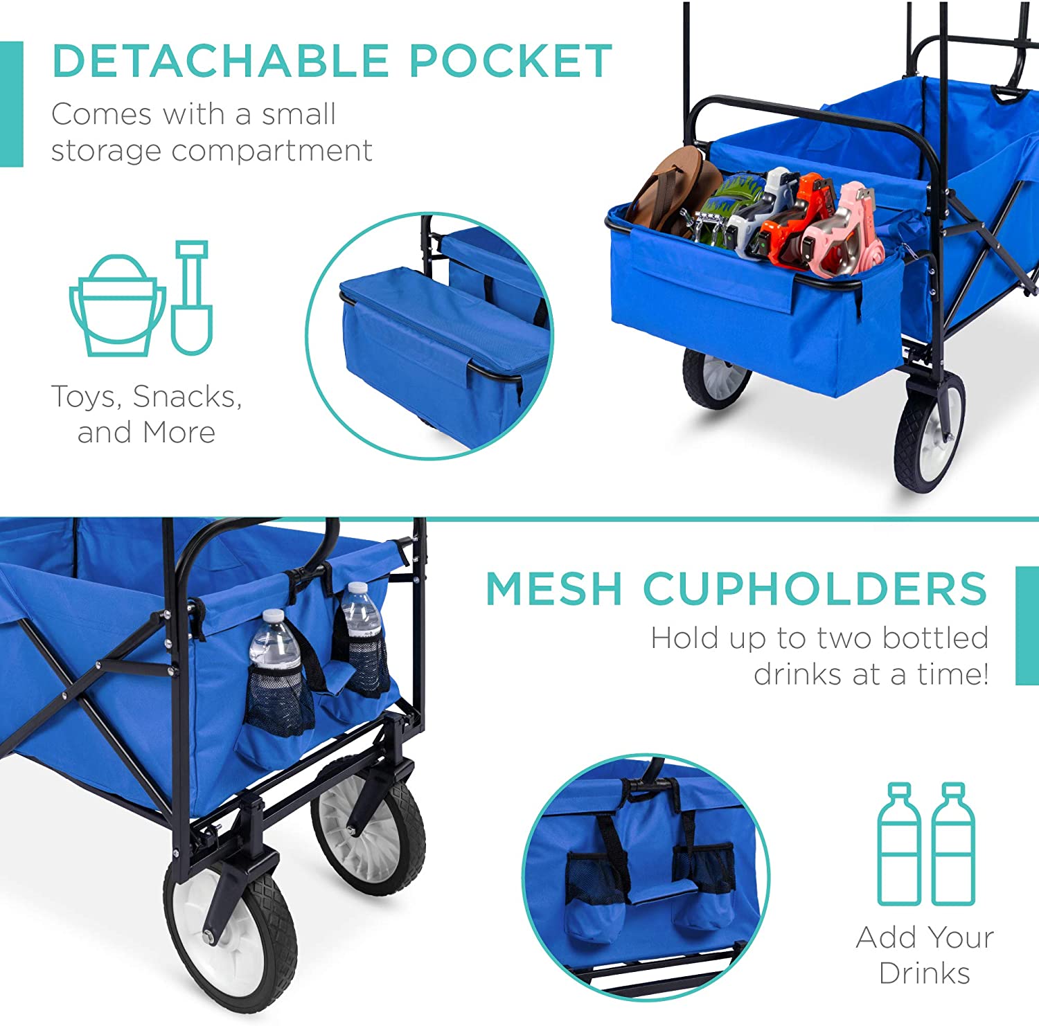 Folding Utility Cargo Wagon Cart with Removable Canopy, Cup Holders, Blue