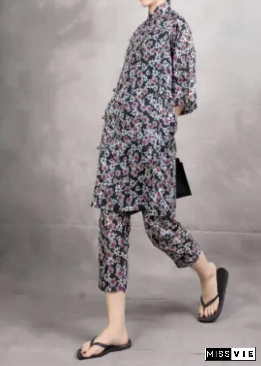 Chinese Style Black Print Tops And Pants Linen Two Pieces Set Summer