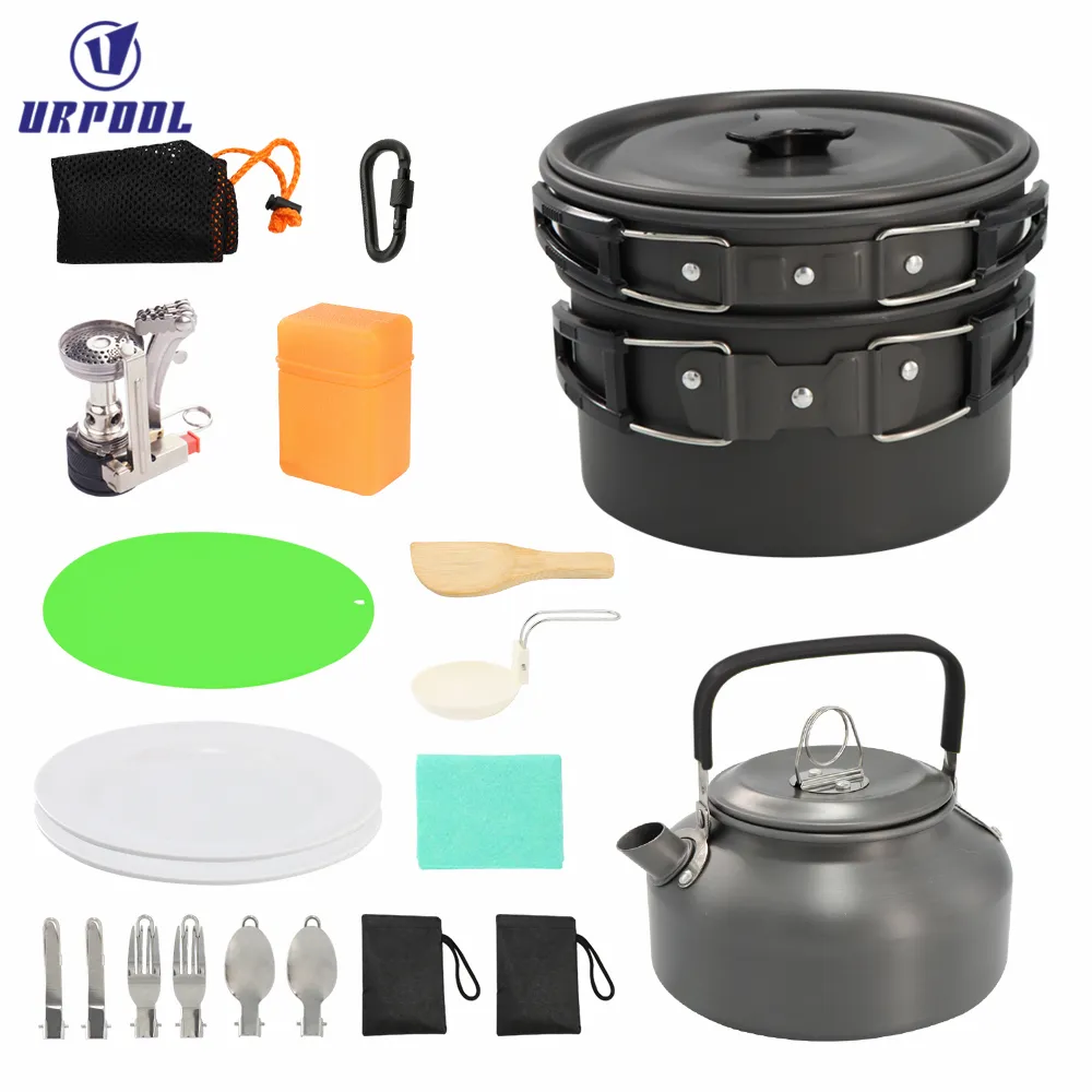 Outdoor Cooking Portable Pot Pan Kettle Aluminum oy Camping Cook set with Cutlery Set for camping and hiking