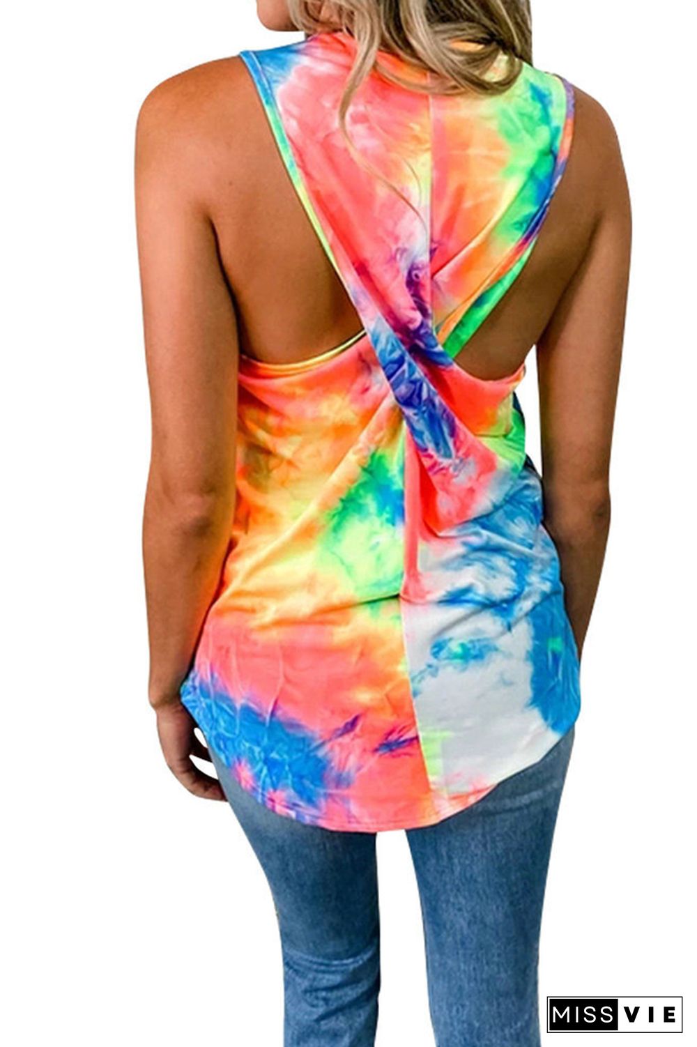 Blue Tie-dye Round Collar Knot Tank Top