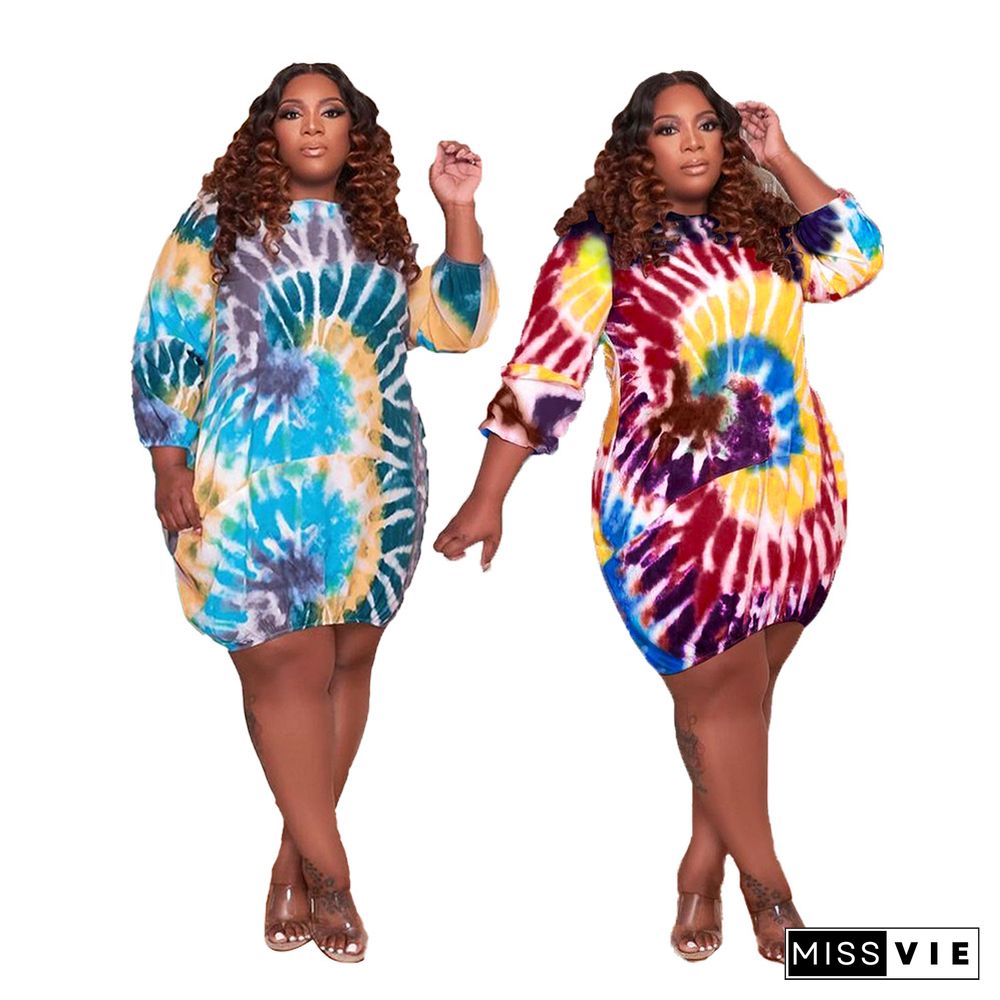 Tie Dye Plus Size Women Clothing Three-Quarter Sleeve O Neck Oversized Loose T Shirt Midi Dresses