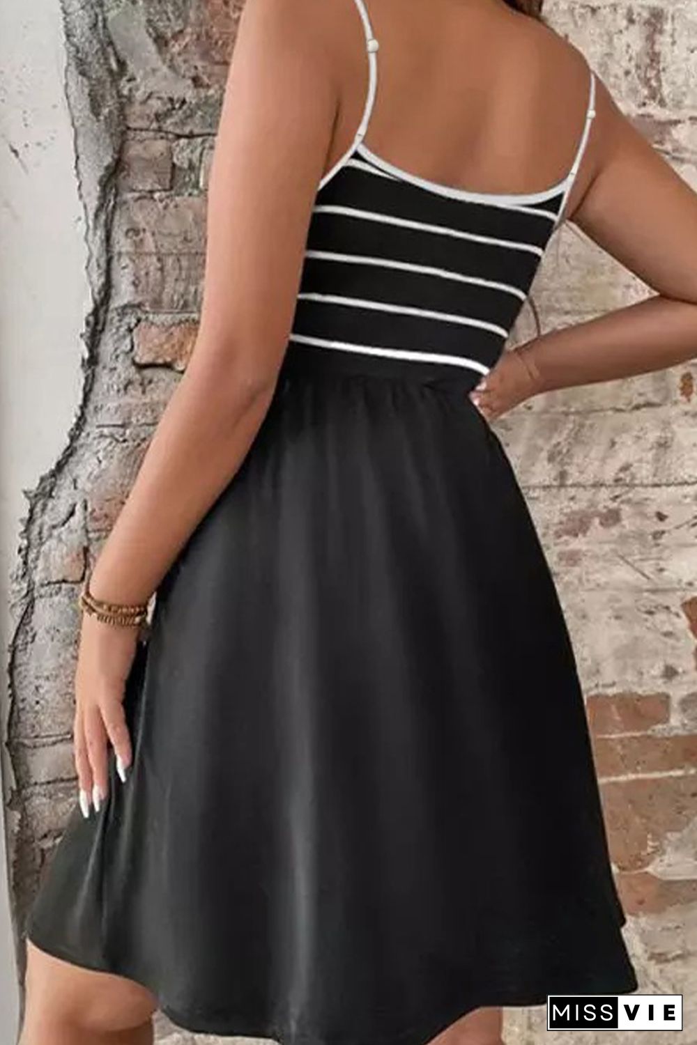 Black Spaghetti Straps Striped Cami Dress with Sash