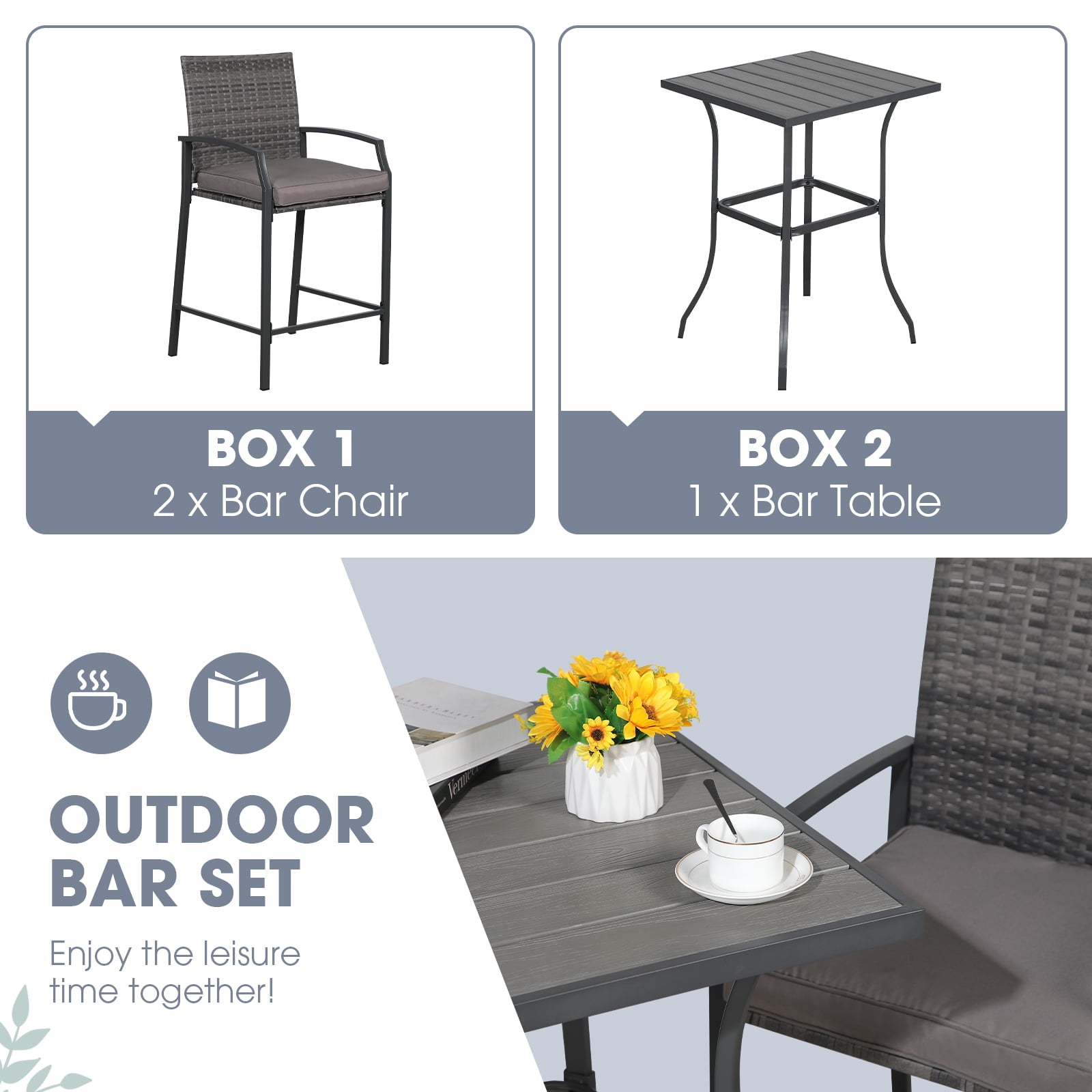 OC Orange-Casual Patio Bar Set， All-Weather Wicker， 2 Height Rattan Bar Stools with Wood Grain Top Coffee Table， for Porch， Garden， Bistro， Grey Cushion， 3-Piece