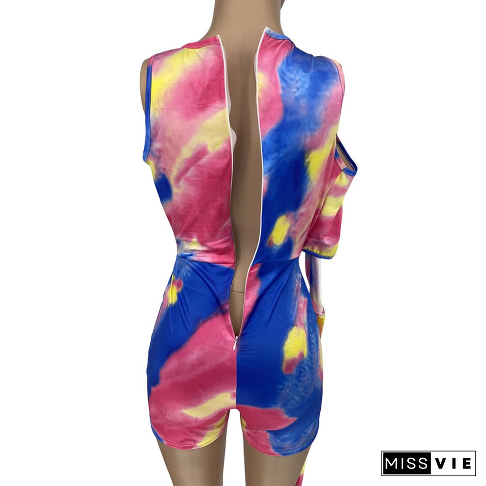 Tie Dye Printed Bandage Sleeveless Hole Cut Out Slim Rompers