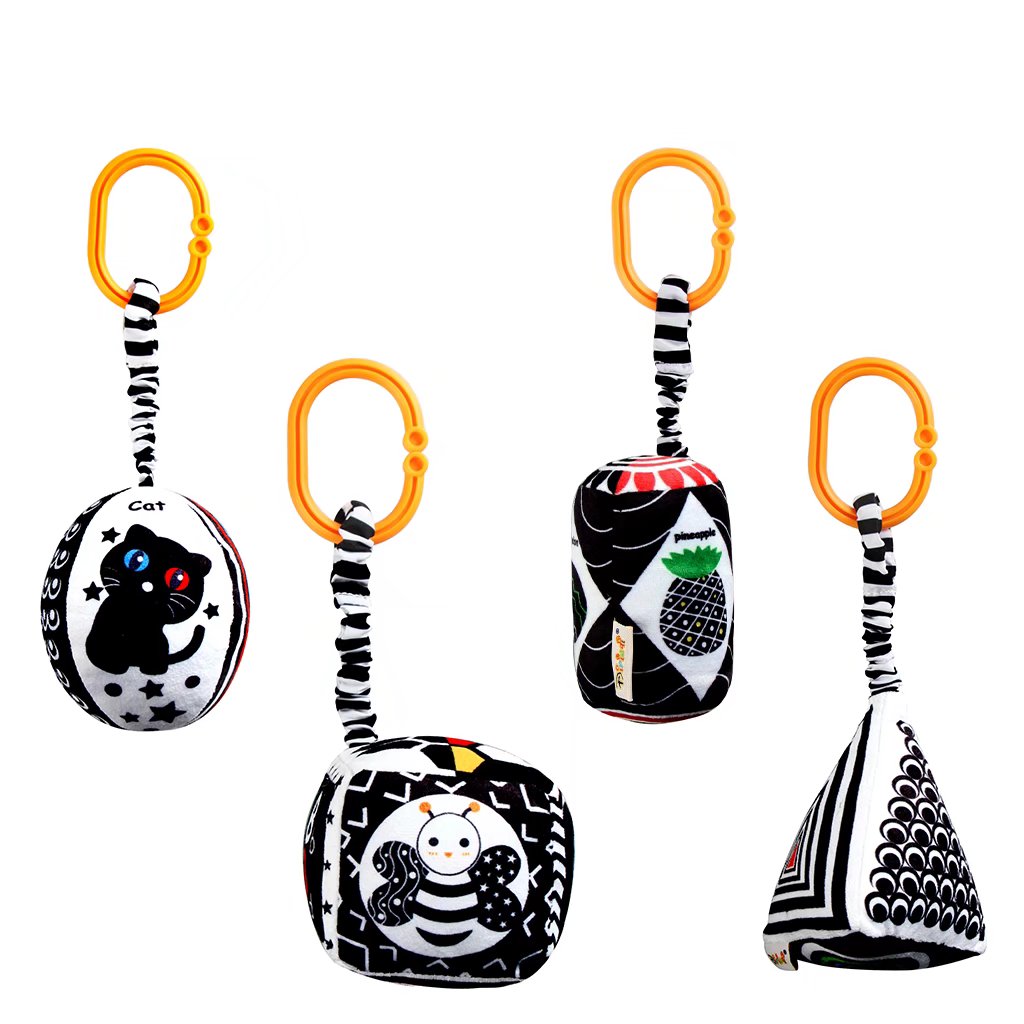 AIPINQI 4 Pack Rattles Rings Hanging Toys Set，Black White High Contrast Toys For Stroller Car Seat