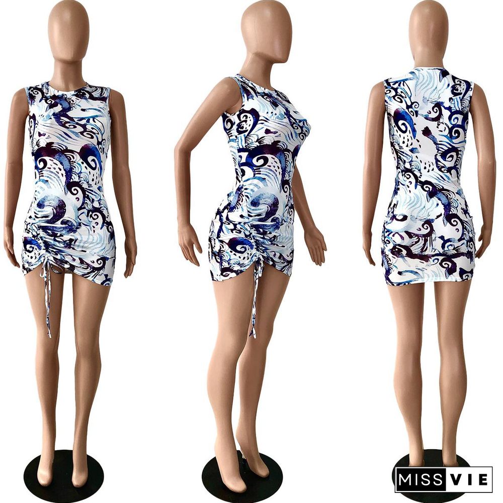 Abstract Print Ruched Drawstring Bodycon Mini Dress