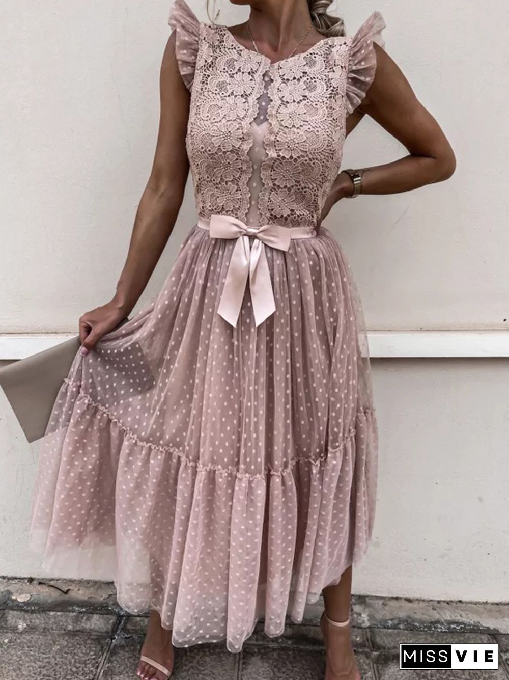 Elegant Solid Color Lace O Neck Party Dress Ladies Fashion Mesh Panel Sleeveless Long Dresses Women Retro Bow Slim Sweet Dress