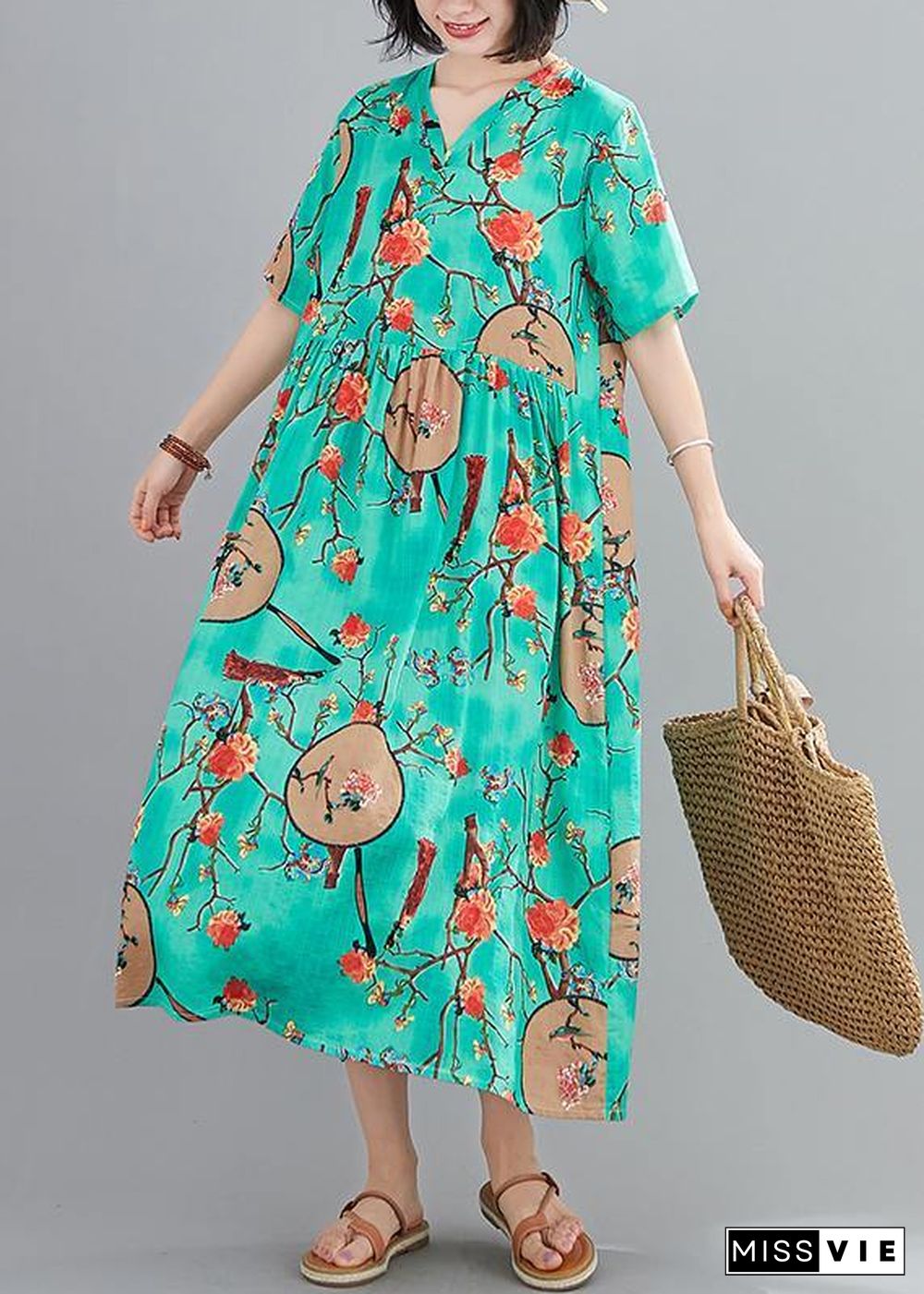 Classy green print quilting clothes v neck short sleeve Plus Size summer Dresses