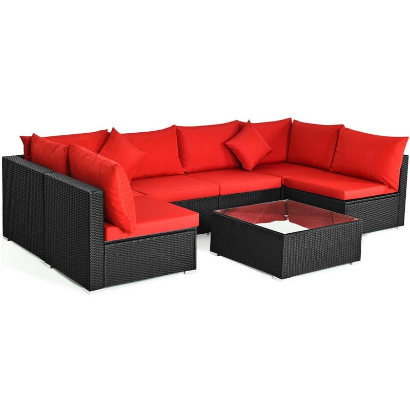 7 Pcs Rattan Patio Furniture Sectional Sofa Set Outdoor Wicker Conversation Set with Back & Seat Cushions Pillows