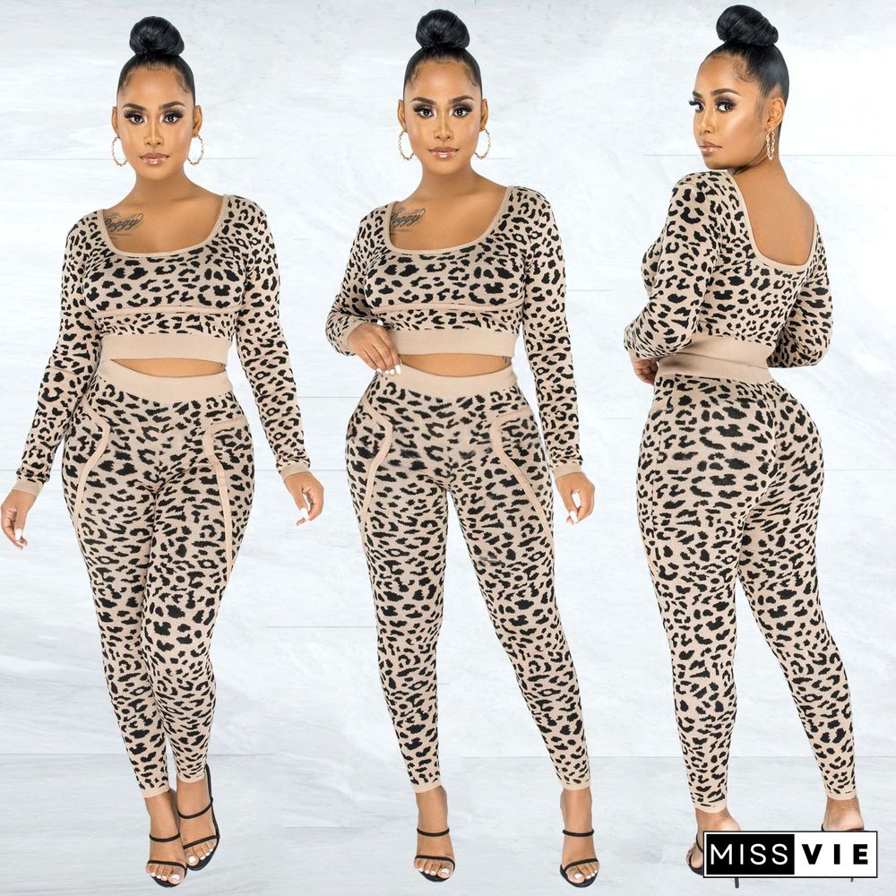 Winter Leopard Print Long Sleeve Top Pants Two-piece Suit