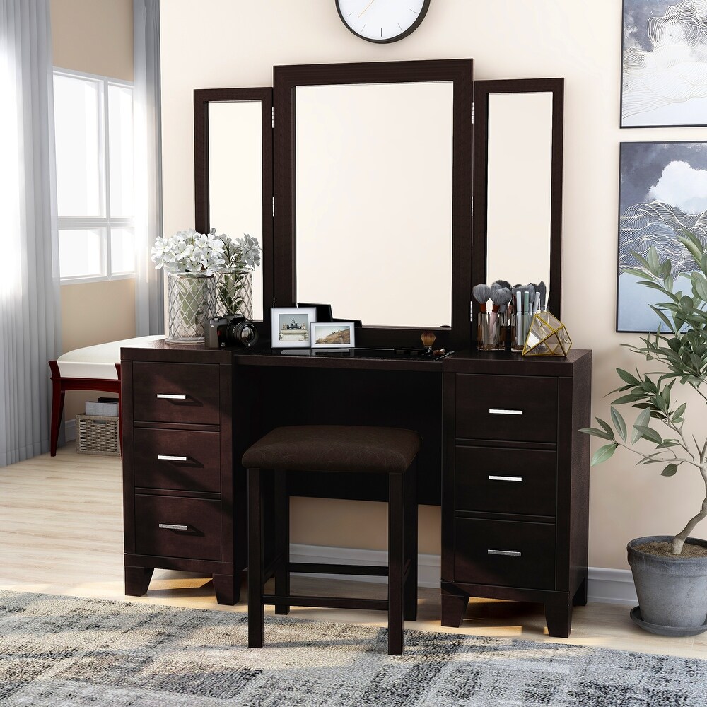 Kema Contemporary Espresso Wood 6 Drawer 3 Piece Vanity Set by Furniture of America