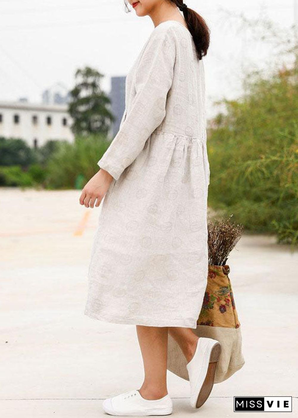 Bohemian linen outfit boutique Long Sleeve Jacquard Beige Pleat Dress