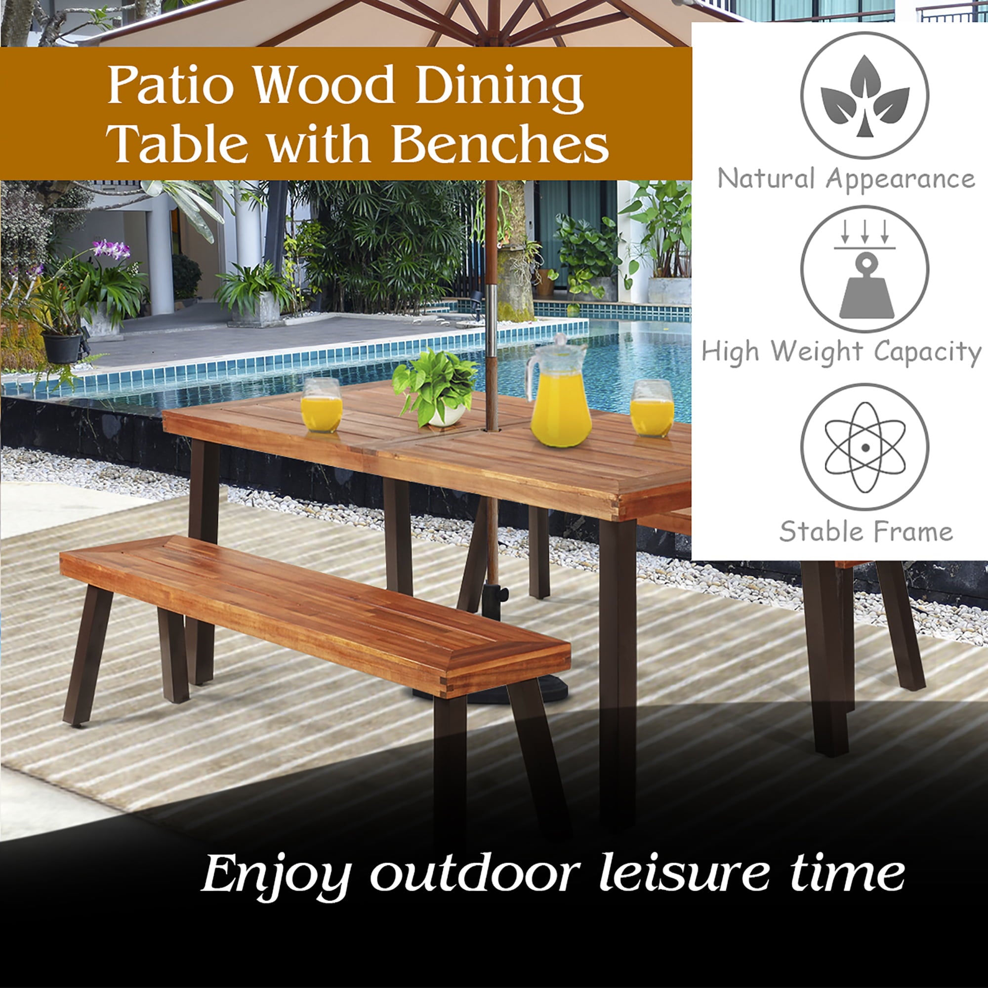 Costway 3 Pieces Picnic Table Set Acacia Wood Table Bench with Steel Legs Outdoor Patio