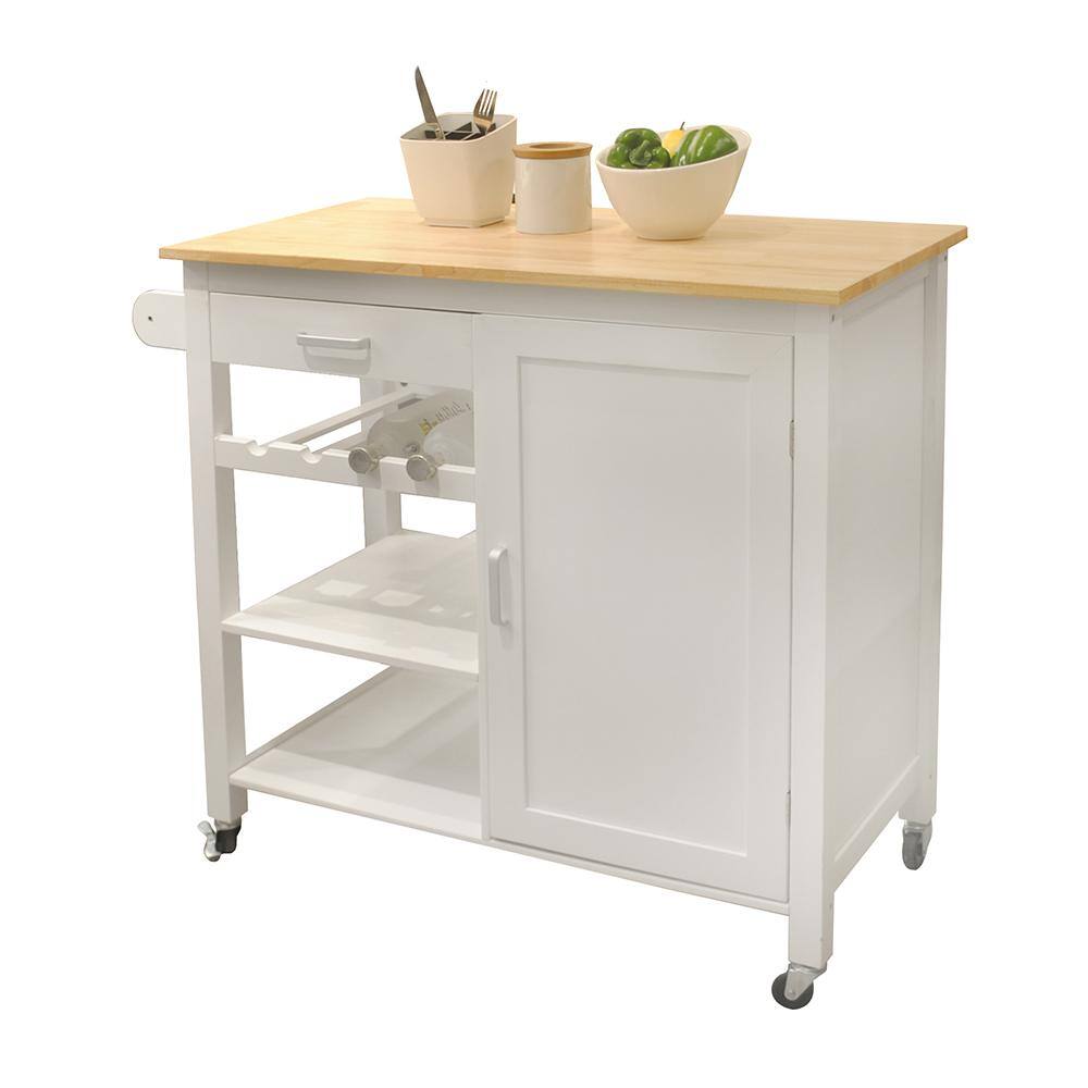 Tileon White Wood 40 in. Kitchen Island with Drawer Storage Shelves and Wine Rack AYBSZHD2721