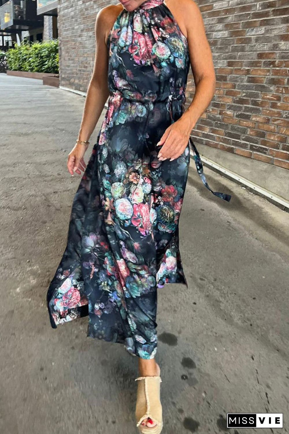 Sleeveless Tie Dye Halter Neck Floral Maxi Dress