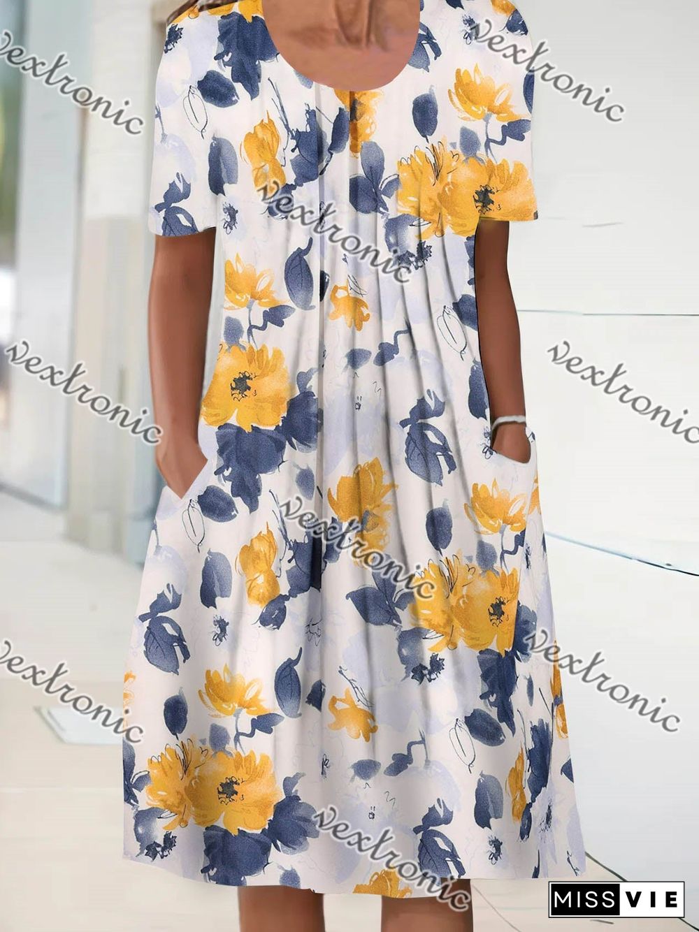 Women's Short Sleeve Scoop Neck Floral Printed Graphic Midi Dress