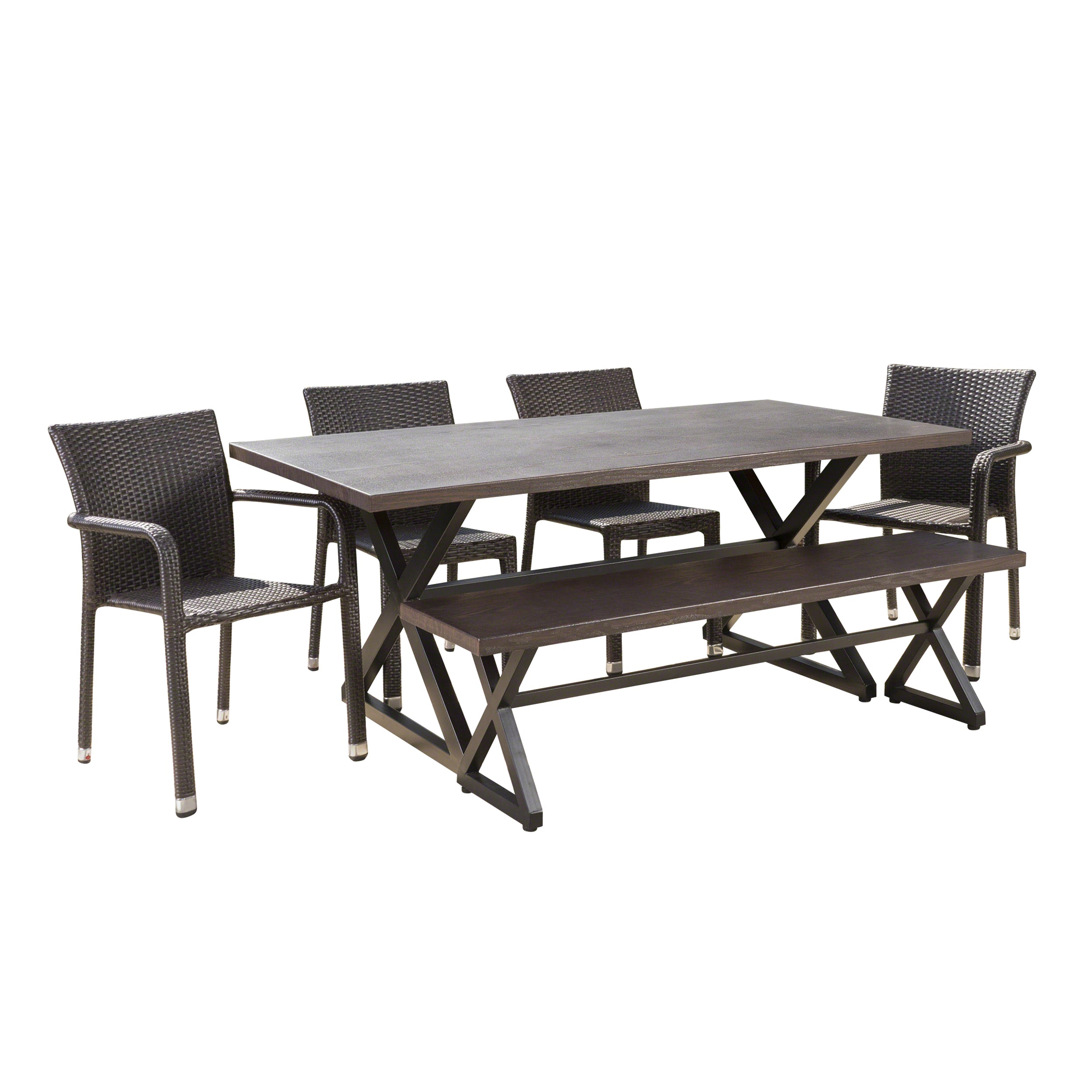 Lomit Outdoor 6 Piece Brown Aluminum Dining Set with Bench and Stacking Chairs