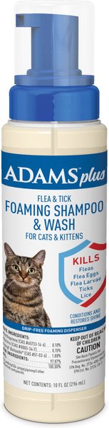 Adams Plus Sensitive Skin Formula Flea and Tick Foaming Cat Shampoo， 10-oz bottle