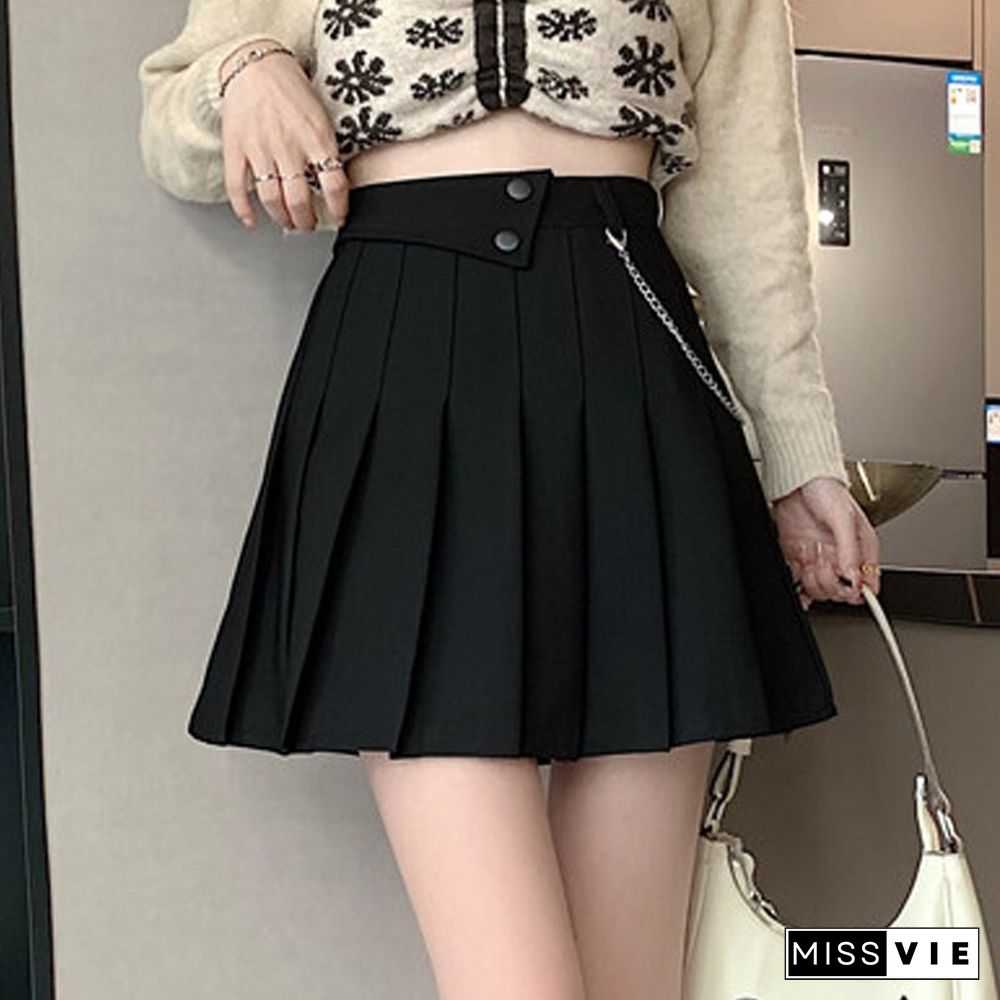 Spring Summer Design Chain Pleated Skirt Women High Waist College Student Mini Skirt Loose Casual Skirts Korean Fashion New