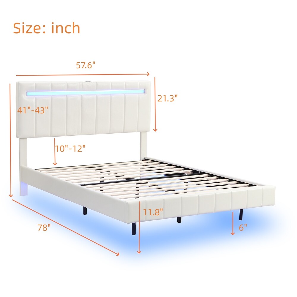 Floating Bed Frame w/ LED Lights Headboard Unique PU Upholstered Platform LED Bed Frame w/ USB Power Strips No Box Spring Needed